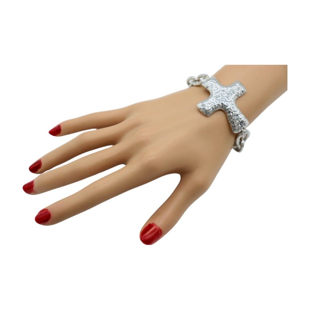 New Women Silver Metal Chain Link Wrist Bracelet Hammered Cross Charm Weekend